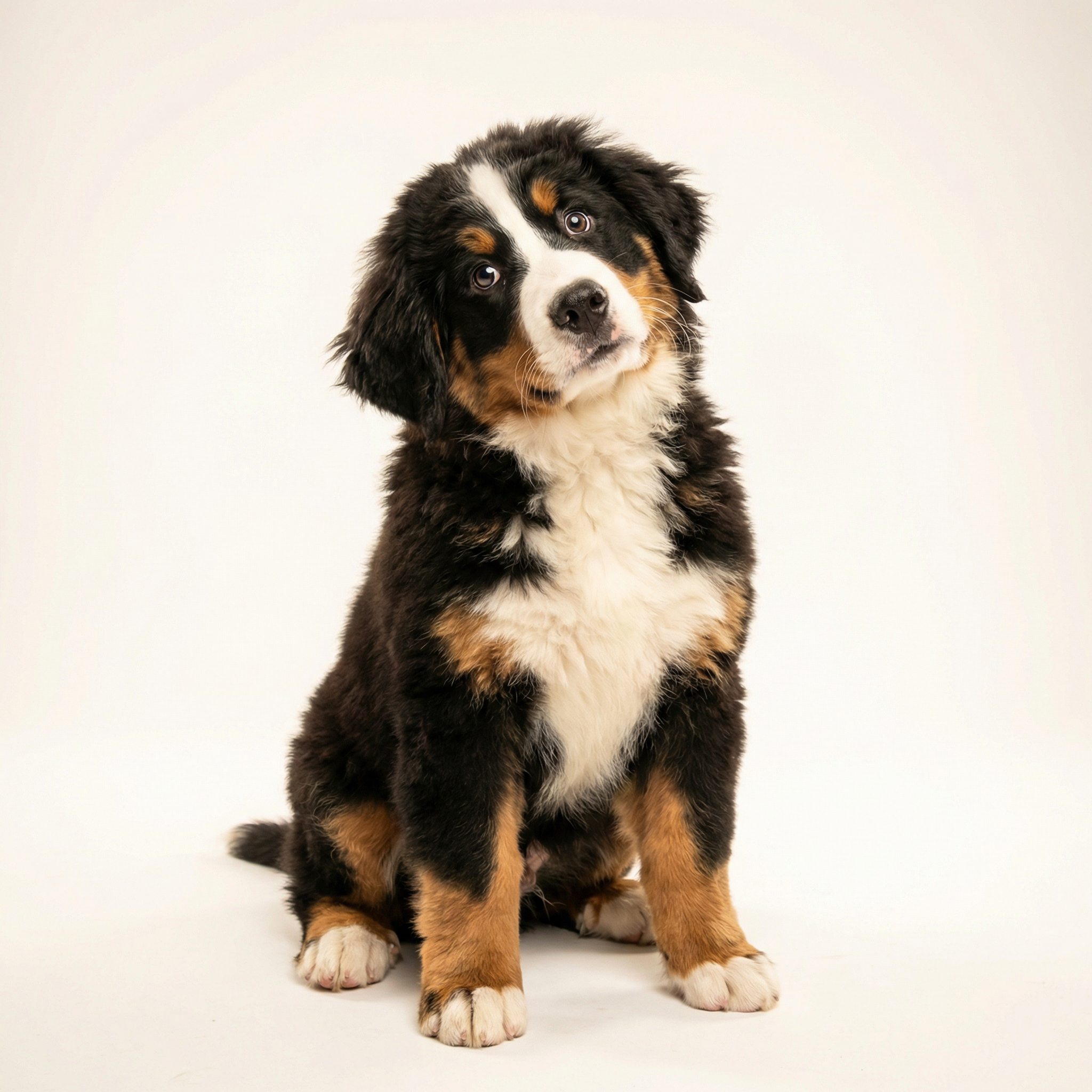 びっくり顔のバーニーズ子犬