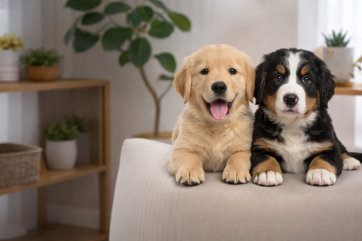 ソファで並ぶ2匹の子犬
