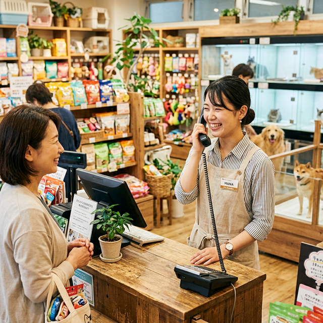 電話:笑顔のスタッフが受話器を持っている写真