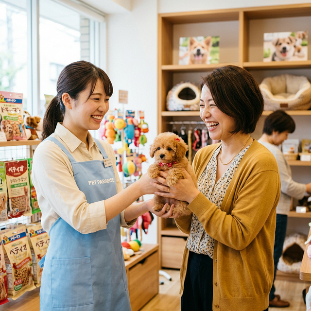 代表とスタッフが新しい家族へ仔犬を引き渡す瞬間