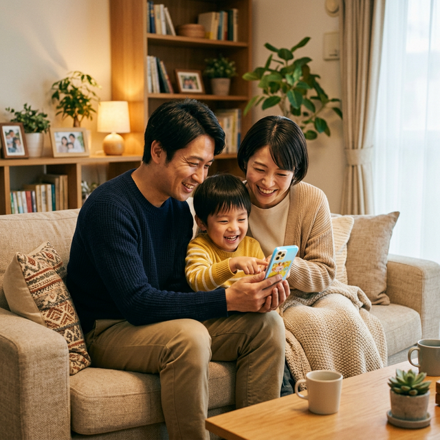家族がスマートフォンでSBIペット保険の案内を見せ合っている様子
