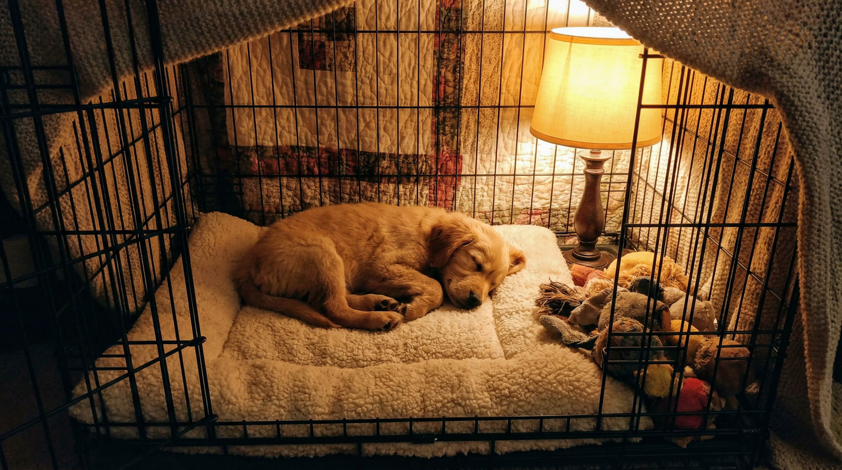 ワンちゃんが新しいケージの中で安心した様子で眠っている写真
